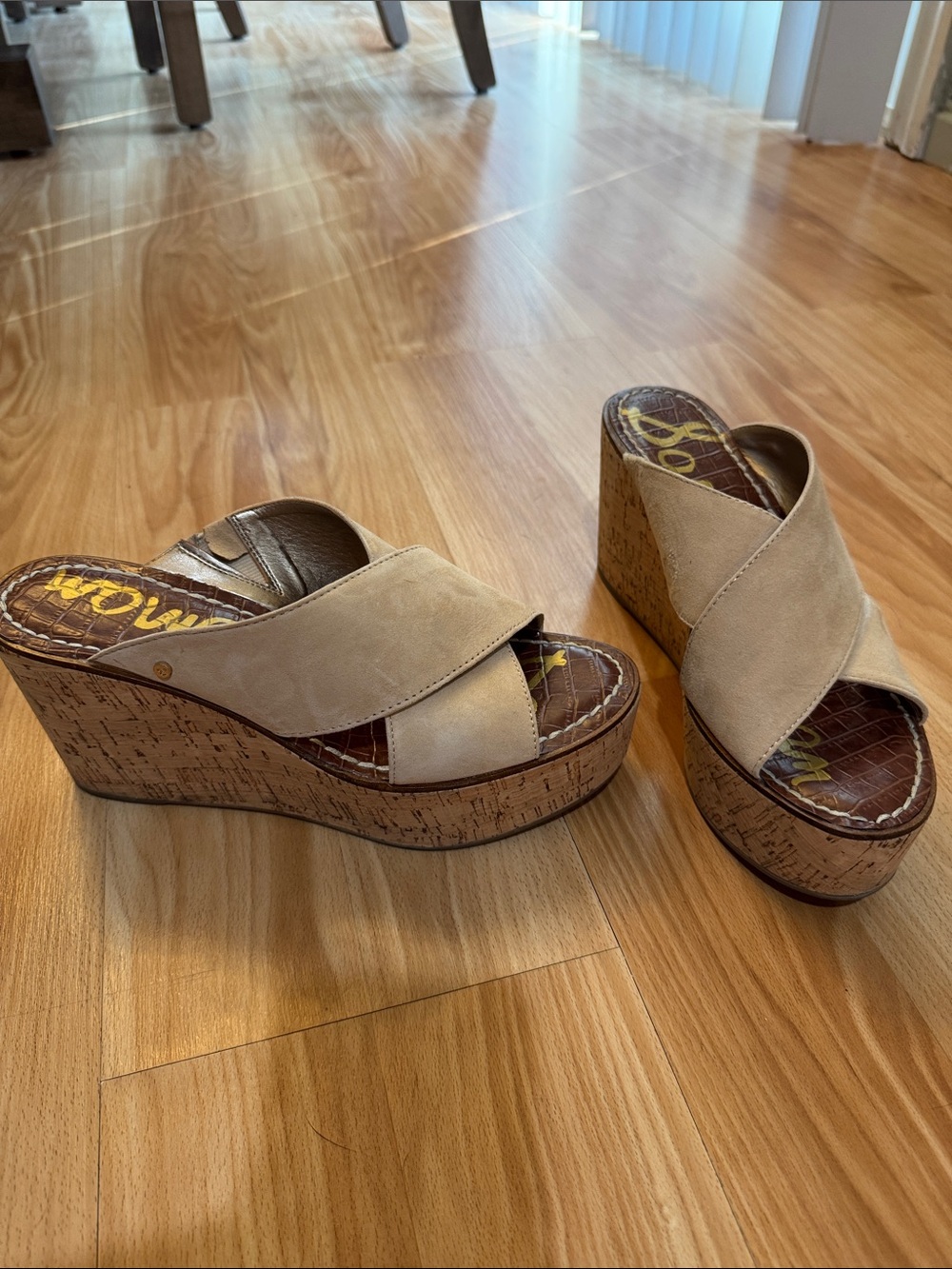 Sam Edelman Tan Suede Cork Platform Wedge Slides